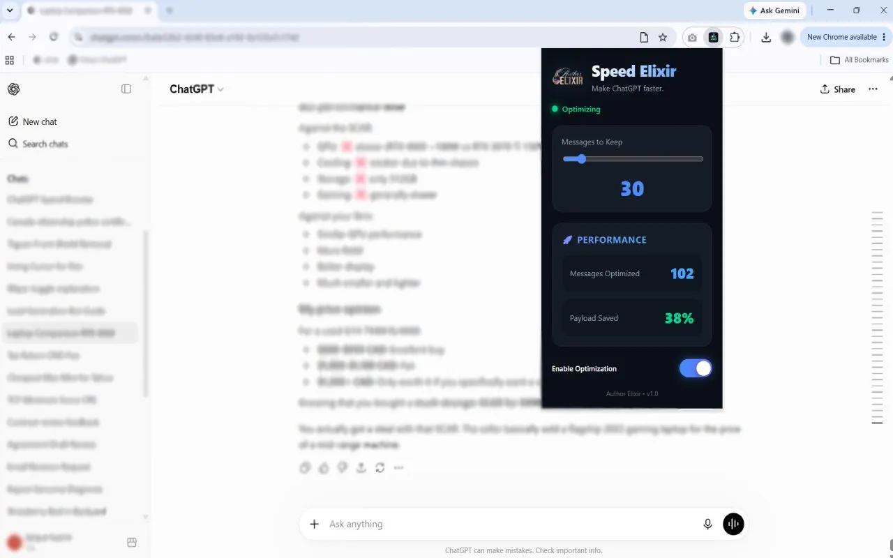 Speed Elixir Chrome extension optimizing a long ChatGPT conversation